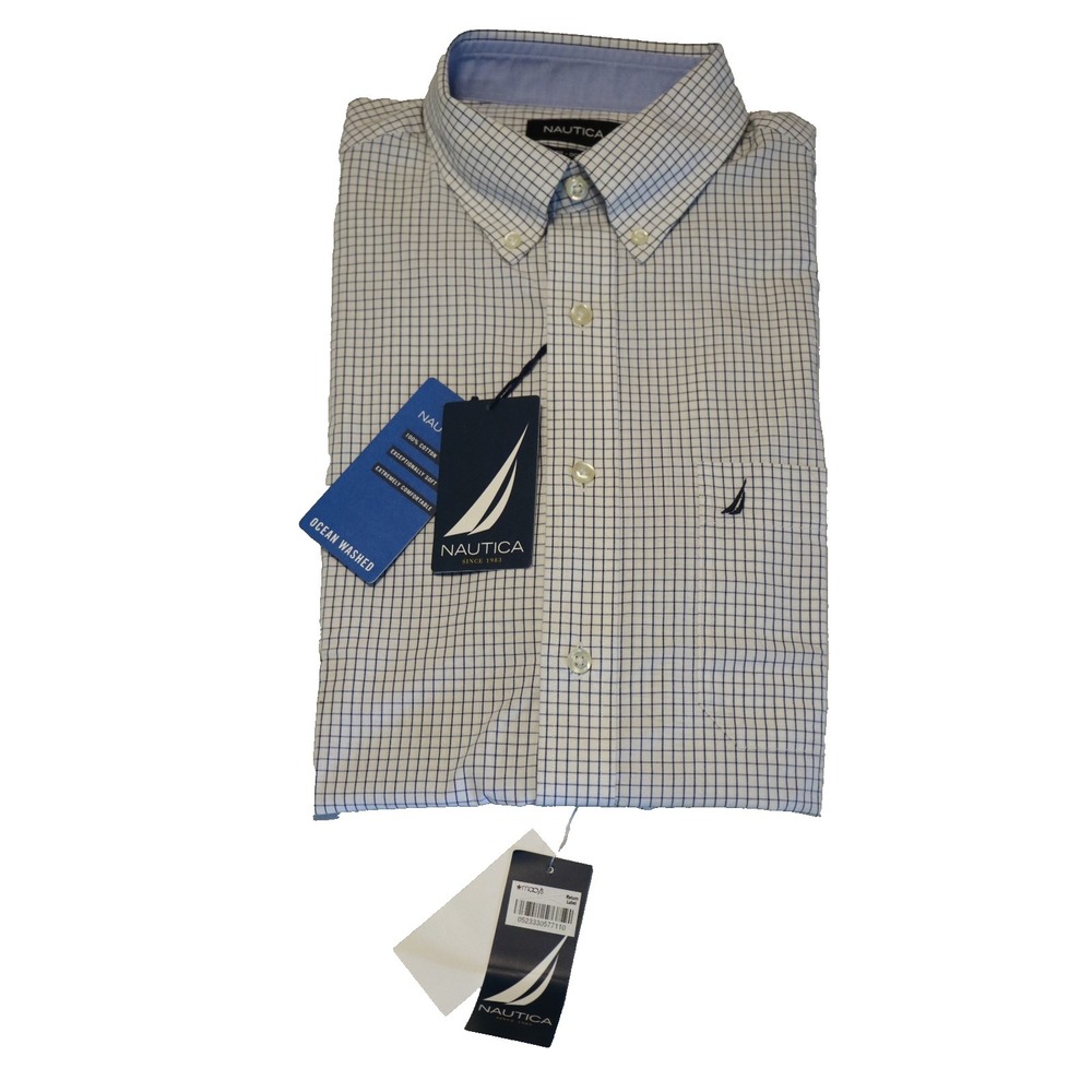 NWT Nautica Mens Dress Shirt 15.5 34/35 Navy Blue Check Ocean Washed Button Down